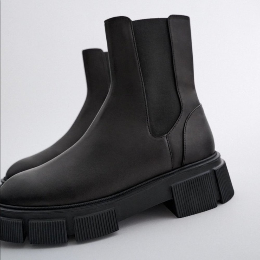 Zara Black Leather Ankle Boots Lug sole Size 7.5
